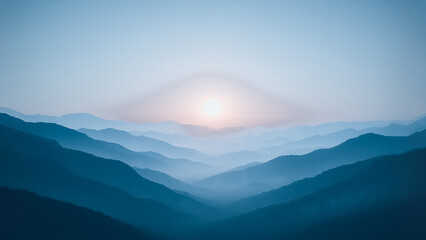A majestic panorama unfolds, showcasing the layered silhouettes of rolling mountain ridges fading into the hazy horizon, capturing the grandeur and mystique of nature's artistry.