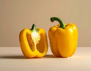 Vibrant Yellow Bell Pepper and a Sliced Half on a Monochrome Background

