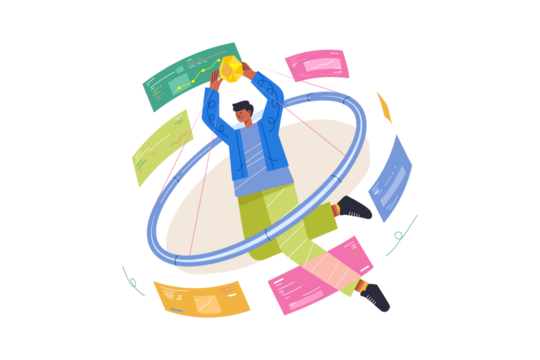 Floating Man in Blue Jacket and Green Pants surrounded by Colorful Rectangles and Circular Ring on Transparent Background