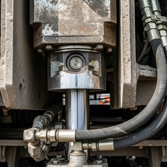 Close-up of a greasy and dirty hydraulic cylinder with hoses and metal components on heavy industrial machinery, showcasing wear and robust mechanical engineering details.
