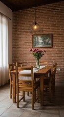 Cozy and Rustic Dining Room Interior with Wooden Furniture, Exposed Brick Wall, and Floral Centerpiece