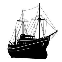 Silhouette of a majestic tall ship with detailed rigging and sails on open sea silhouette Flat design vector illustration isolated on a white background