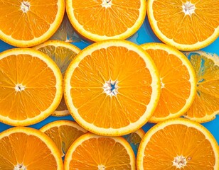 Vibrant Overhead Close-up of Sliced Oranges on a Bright Blue Background

