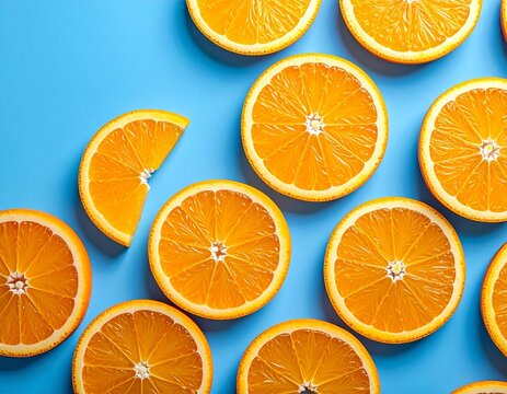 Vibrant Overhead Close-up of Sliced Oranges on a Bright Blue Background
- Powered by Adobe