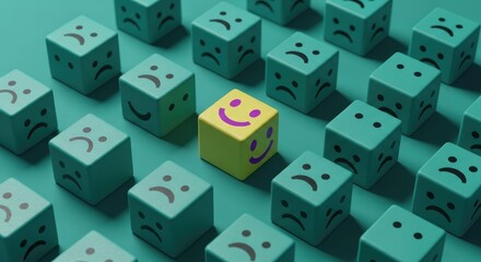 Happiness Strategy Yellow Block Among Sad Blocks Concept for Business Success and Innovation in 110 Characters