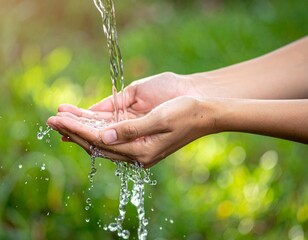 Cupped Hands Catching a Stream of Fresh Water with a Vibrant Green Nature Background


