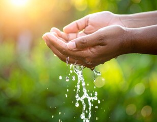 Cupped Hands Catching a Stream of Fresh Water with a Vibrant Green Nature Background

