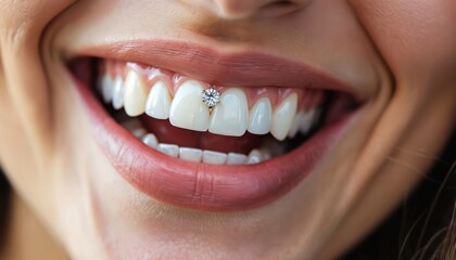 Fototapeta premium Close-up of woman showing perfect white teeth and a shiny diamond dental decoration. She smiles broadly, revealing a unique, sparkling mouth accessory. Glamour and beauty.