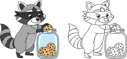 ischievous Cartoon Raccoon Stealing Cookies from a Jar