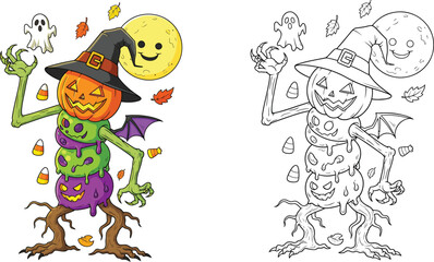 Naklejka premium Spooky Halloween Pumpkin Monster with Witch Hat and Ghosts