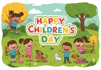 Fototapeta premium Happy Childrens Day Illustration with Kids Puppies and Kittens in a Park.