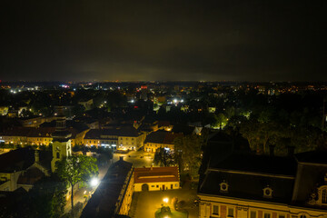 Night view from a drone of Pszczyna old town