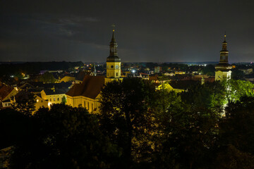 Night view from a drone of Pszczyna old town
