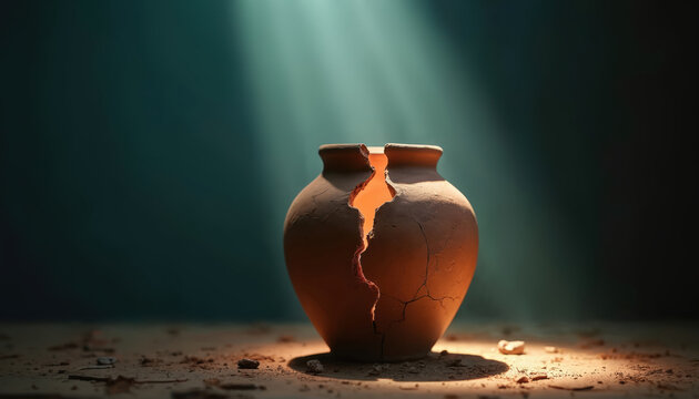 Broken clay pot glows with inner light, symbolizing divine power within human frailty. Sunlight rays pierce dark background, highlighting spiritual hope and resilience.