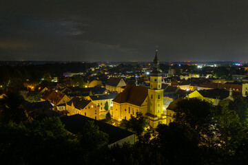 Night view from a drone of Pszczyna old town