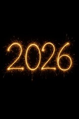 Glowing 2026 numbers written with sparklers on black background, perfect for New Year and festive celebration themes.
