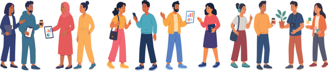 Flat vector lineup of diverse young professionals in casual office style, chatting, presenting charts, using phones and tablets, with coffee and plants; ideal for business and education designs.