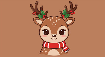 Adorable cartoon reindeer with festive antlers and scarf.