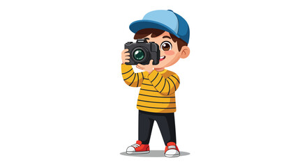 Cartoon boy in a yellow striped shirt and blue cap holding a camera.