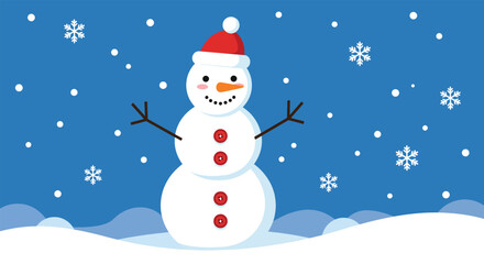 Cheerful cartoon snowman wearing a red hat and scarf standing in a snowy winter landscape.