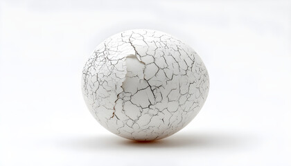 A single white egg with a small crack, beginning to hatch, on a clean white background, symbolizing new beginnings, potential, and birth, perfect for concepts