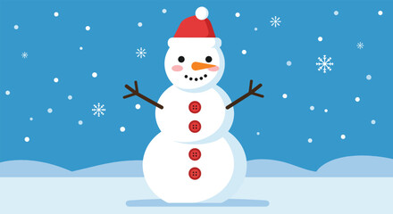 Cheerful Cartoon Snowman with Red Hat and Carrot Nose in Snowy Landscape.
