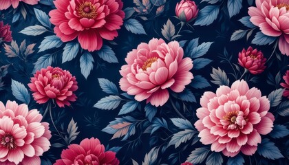 A vibrant floral pattern featuring lush, pink peonies against a deep blue background, creating a striking and elegant visual contrast.