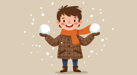 Cheerful young boy holding two snowballs dressed for winter.