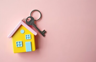 Colorful house keychain with silver key rests on soft pink background. Cute, minimalist toy home represents new property, real estate, housing. Ownership, family, secure dwelling.