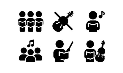 Musical icons: choir, instruments, and conductors in minimalist black silhouettes