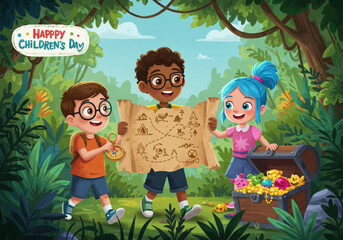 Childrens Day Adventure: Kids Discovering Treasure with Map and Compass in Jungle.