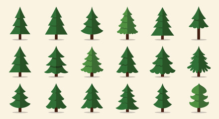 Collection of stylized green Christmas trees with brown trunks