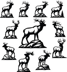 Elk on Boulder Bundle   11 Wildlife Elk Mountain Scene Silhouettes   Clipart Pack © IAKCreatives
