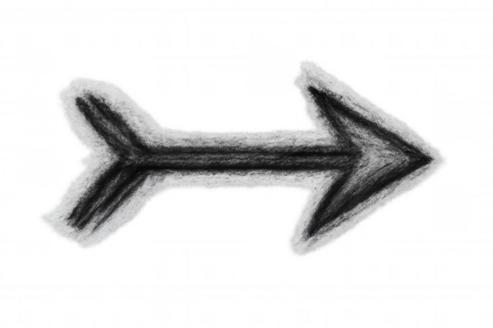 Hand drawing black sketch chalk arrow pointing right, providing direction, guidance, and navigation concept on transparent background
