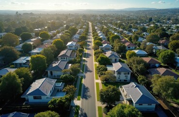 Obraz premium Aerial view of residential neighborhood in Geelong Australia with rich green spaces, modern homes. Houses with grey, red roofs surrounded by trees, gardens. Straight road runs through suburb with