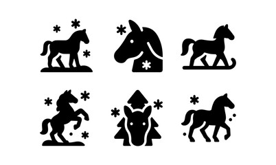 Silhouette horse icons with snowflakes and trees in winter theme