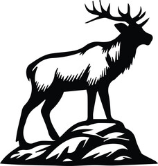 Elk on Boulder | Wildlife Mountain Scene Silhouette | Rustic Hunting design