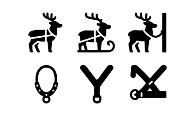 Sleigh reindeer silhouettes with harnesses in black