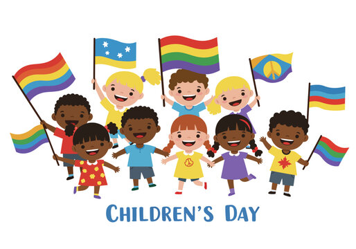 Diverse Group of Children Celebrating with Flags for Childrens Day.