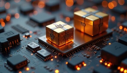 Golden boxes on chip illustrate tech gifts e-commerce. Circuit board background shows microprocessors. Could represent new tech development. Perfect for concepts like cybersecurity, digital retail.