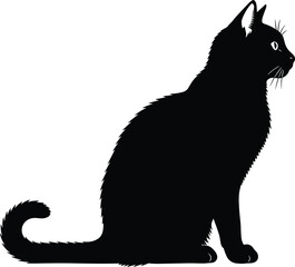 Black cat silhouette sitting, elegant feline profile, domestic pet vector, animal design artwork, isolated shape, cute kitten illustration, graphic element, decoration