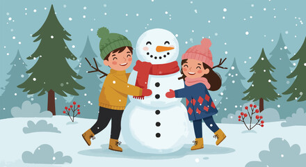 Two happy children building a snowman in a snowy forest.