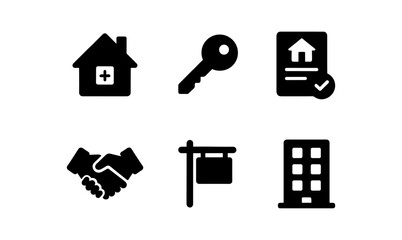 Real estate icons set featuring home, key, contract, handshake, sign, building