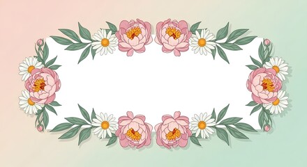 Elegant oval frame illustration with delicate pink peonies and charming white daisies. Ideal for spring and summer invitations, wedding cards, or decorative design