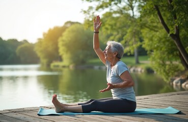 Fototapeta premium Elderly woman practices yoga pose outdoors near lake at sunrise. Fit senior female performs stretching exercises on mat. She enjoys calm morning, good health, and active lifestyle.
