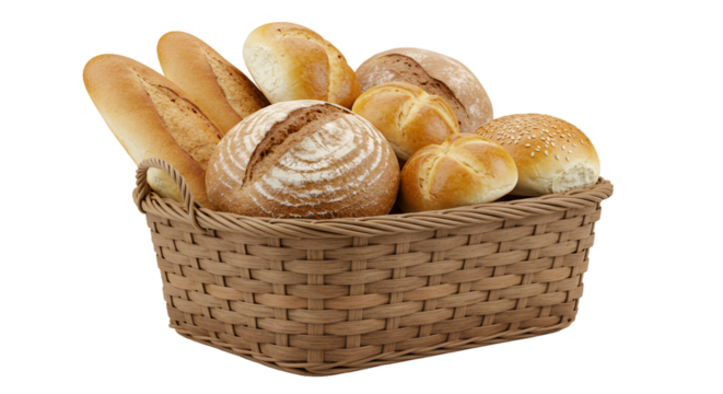 Assortment of Fresh Baked Artisan Bread in a Rustic Woven Basket