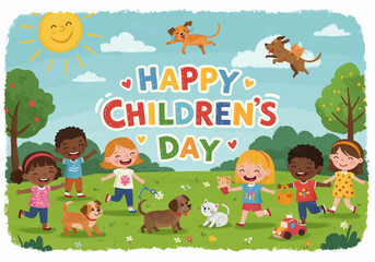 Happy Childrens Day Illustration with Kids Pets and Sunny Landscape.