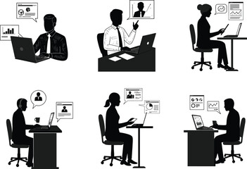Silhouette people working on laptops, virtual meeting, online learning, business communication, remote work, digital collaboration, office desk, technology use, professional activity, teamwork