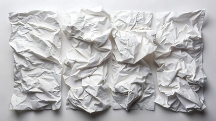 A collection of crumpled white paper sheets arranged on a bright surface
