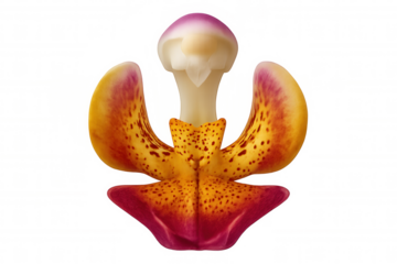 Exotic orchid flower blossom displaying vibrant yellow, red, and spotted petals, isolated with a transparent background